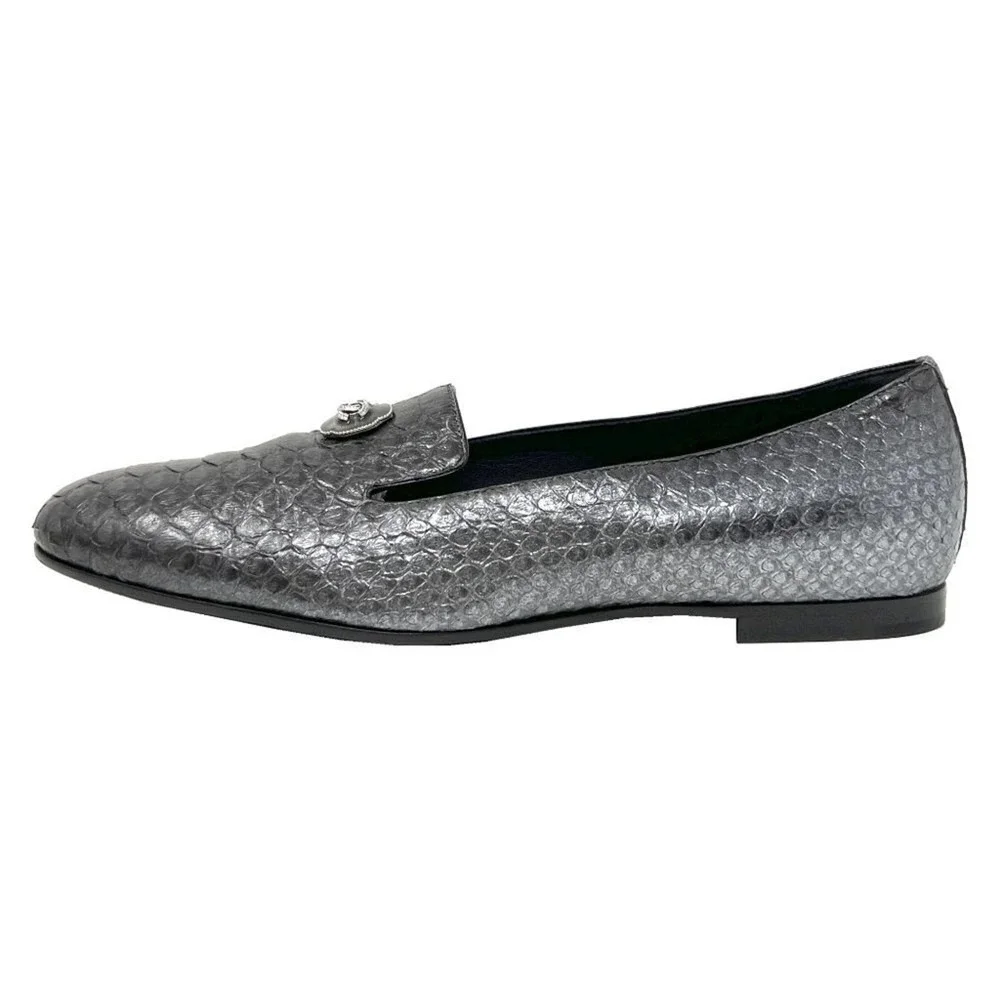 Chanel‎ Grey Snakeskin Loafers CC Logo Flats Size 39.5